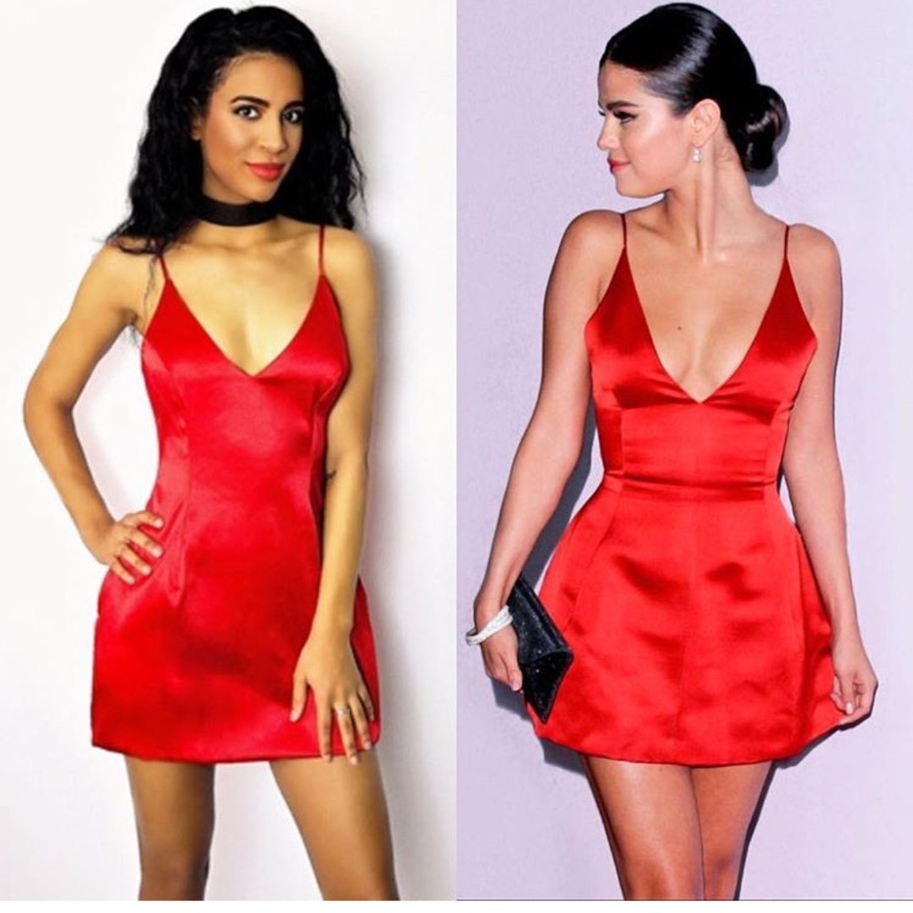 Red satin Selena Valentine's Day party dress